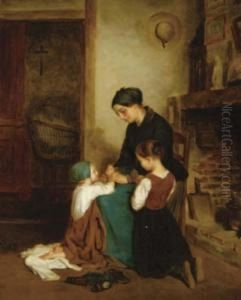 A Mother And Her Two Children Saying Their Prayers by Edouard Frere