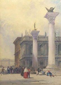 Venetian figures gathered around the columns at San Marco square, Venice by William Callow