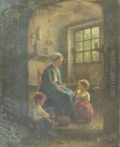 Mother And Children In Cottage Interior by Edouard Frere