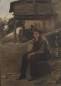 A Young Boy Seated Beside A Barn by Edouard Frere