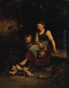 A Mother And Child In A Farmyard With Ducks by Edouard Frere