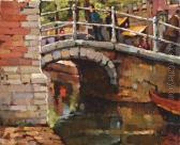 Grachtje Met Wandelaars Op Een Brug (mogelijk Delft) - view 1