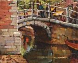 Grachtje Met Wandelaars Op Een Brug (mogelijk Delft)