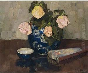 Roses In A Gingerjar And A Fan by Abraham Fresco