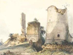 A ruined tower at Lillebonne by William Callow