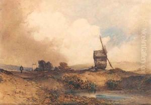 A windmill in a hilly landscape with a church beyond by William Callow