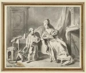 Salon Scene Withlady, Small Boy And Dog by Sigismond Freudenberger