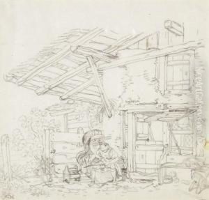 Bauer Beim Dengeln Vor Einem Berner Bauernhaus by Sigismond Freudenberger
