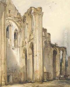Labourers loading a cart in the ruins of the Benedictine abbey of St. Vandrille