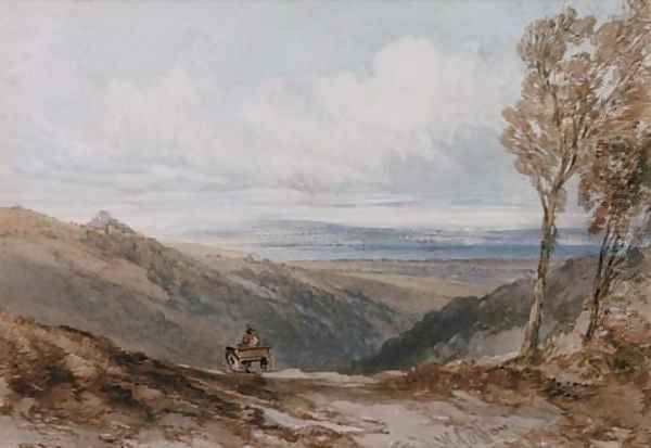 A traveller on a rural track overlooking an estuary - view 1