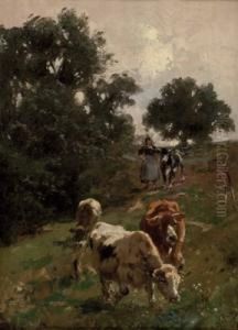 Hirtin Mit Kuhen Auf Der Weide
