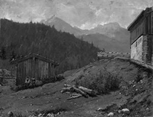 "hutte In Den Bergen". Rucks.
 Nachlass-etikett. Ol Auf Lwd. Besch. 53,5 X 70 Cm