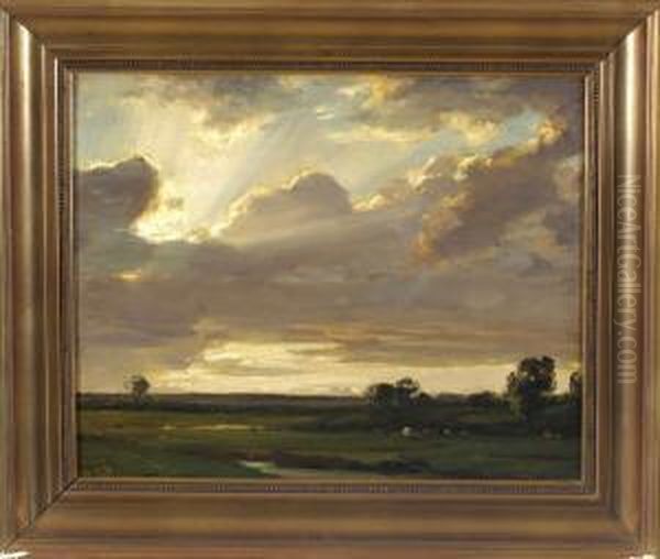 Wolkenstimmung Uber Weiter, Abendlicher Landschaft Mit Einigen Weidenden Kuhen - view 1