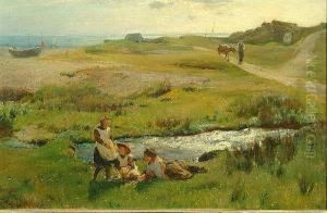 Children Picking Primroses, A View Of Runswick Bay Beyond