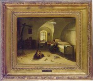 Children At Play With Their Mother And A Kitten In Aninterior by Friedrich V. Malheim Friedlaender