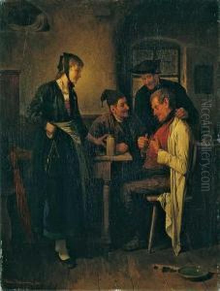 Wirtshausszene Mit Drei Mannern Und Einer Jungen Frau. - view 1