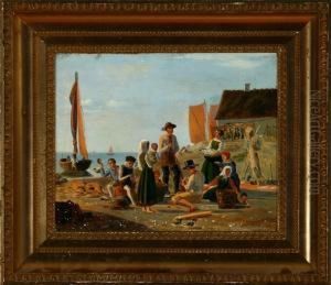 Fishermen Gathered Around The
Catch Of The Day. Unsigned. Inscribed Verso J. Fritlaender. Oil On Canvas
Mounted In Board. 23 X 28 Cm by Julius Friedlaender