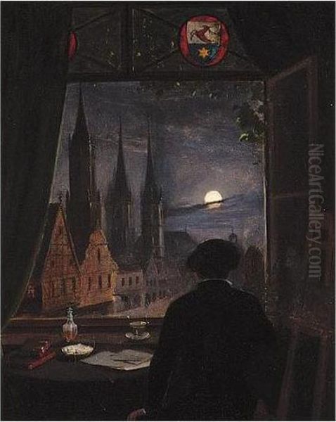 An Artist In His Studio Contemplating A Moonlit Street From His Opened Window - view 1