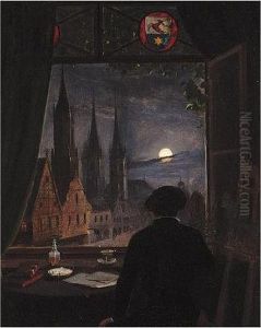 An Artist In His Studio Contemplating A Moonlit Street From His Opened Window by Caspar David Friedrich