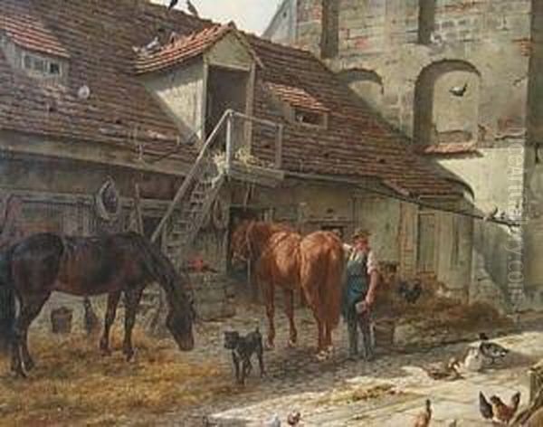 Vor Einem Stallgebaude Bauer Mit
Zwei Pferden Und Hund. Unten Rechts Signiert Und Datiert A. Friedrich
1870 - view 1