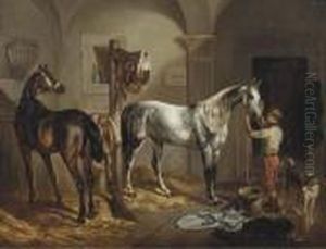 Tending To The Horses by Gustav Adolf Friedrich