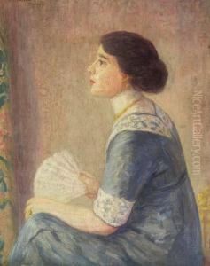 Lady In Blue Holding Fan by Frederick Carl Frieseke