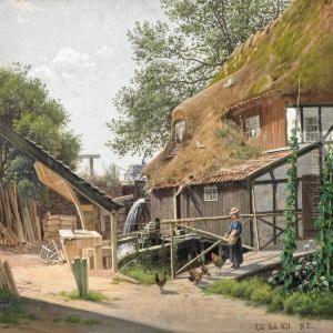 A Sunny Exterior By Awatermill, In Front A Girl Feeding The Chickens by Hans Gabriel Friis