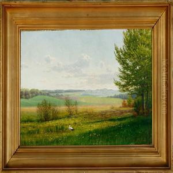 Cloudy Summer Day With A White Stork In The Meadow by Hans Gabriel Friis