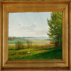 Cloudy Summer Day With A White Stork In The Meadow by Hans Gabriel Friis