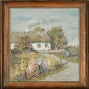 Court With Woman And Flowers. Signed H. Friis by Hans Gabriel Friis
