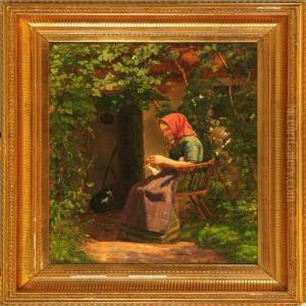 Woman With Her Knitting In A Garden - view 1