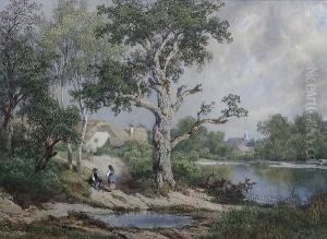 A Lakeside With Figures Resting Under A Tree by Melchior Fritsch