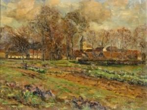 Fall In The Kalkum. View Over The Fields Onto The Village With St. Lambertus. by Wilhelm Fritzel
