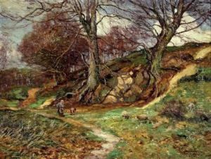 Reisigsammlerin Mit Kind Unter Knorrigen Baumen by Wilhelm Fritzel