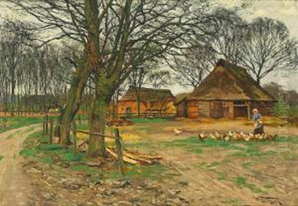 Anwesen Mit Huhnerhof Und Bauerin In Herbstlicher Landschaft. - view 1