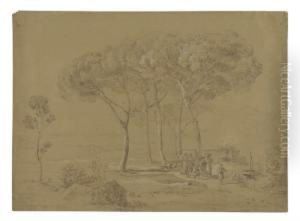 Landscape With Harvesters And A View Of Mount Etna by Carl Ludwig Frommel