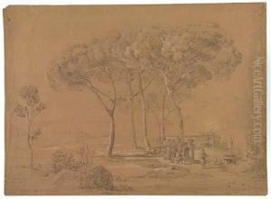 A Pinegrove With A Small Procession Of Harvesters And A View Ofmount Etna