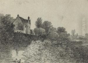 A Manor House On The Banks Of A
River (illustrated); Cattle Beforea Barn; And A Woodland Ride by George Frost