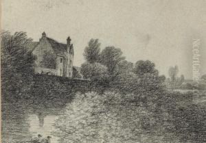 Cattle By A Barn; A Track
Through Woodland; And A Manor House Beside A River By Moonlight
(illustrated) by George Frost
