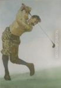 Coloured Print Of A Golfer by Arthur Burdett (Sr.) Frost