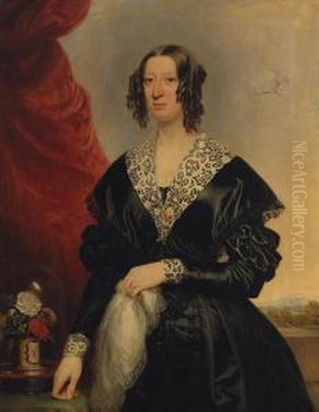 Portrait Of A Lady, Standing
Three-quarter-length, In A Black Dresswith Lace Collar And Cuffs,
Flowers On A Table Beside Her, Alandscape Beyond - view 1