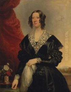 Portrait Of A Lady, Standing 
Three-quarter-length, In A Black Dresswith Lace Collar And Cuffs, 
Flowers On A Table Beside Her, Alandscape Beyond