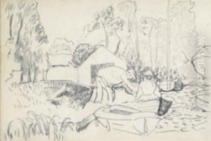 East Anglian Landscape With Rowboats And Figures by Roger Fry