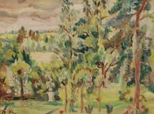 Garden Scene In Summertime With Statue In The Foreground by Roger Fry