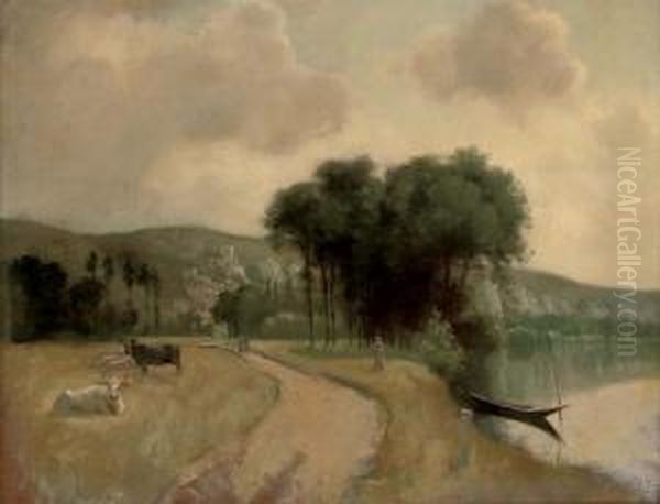 River Scene, Punt In A Stream - view 1