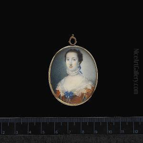 Mrs. Gregory, Wearing Deep 
Orange Dress, Wide Lace Edged White Collar Tied With A Blue Ribbon At 
Her Corsage, Strands Of Pearls Across Her Bodice, White Lace Choker And 
Pendent Pearl Earring, Her Hair Tied With A Blue Ribbon. - view 1