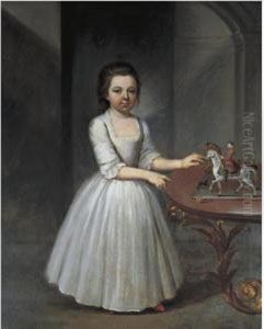 Portrait Of A Young Girl,
Wearing A Grey Satin Dress, Standing By An Elaborate Roccoco Table With A
Toy Soldier And Model Horses by Thomas Frye