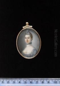A Lady, Wearing Blue Dress With 
White Lace Decoration, Matching Ribbon Choker And Aigrette With White 
Feather, Blue Earring Decorated With Diamonds.