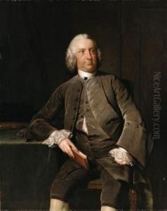 Portrait Of A Gentleman, Seated 
Three-quarter Length, In A Greyvelvet Suit And Lace Cuffs, Holding A 
Book Beside A Table