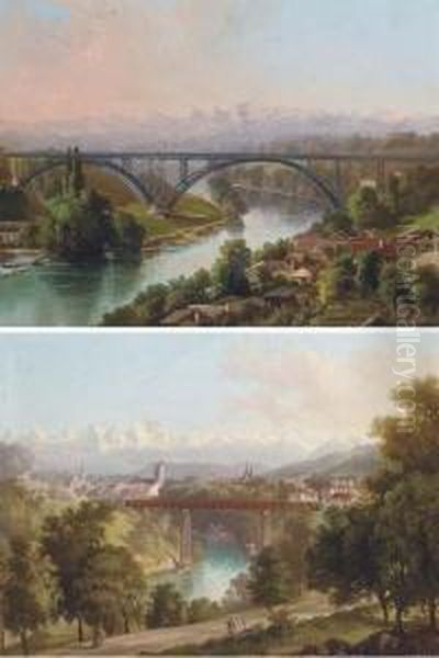 View Of Berne Towards The Alps; And View Of The Railway Bridge, Bern - view 1